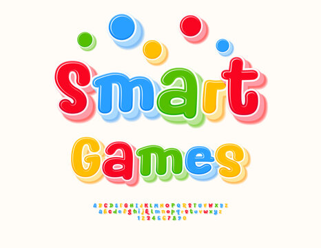 Vector Education emblem Smart Games. Colorful Kids Font. Joyful Children 3D Alphabet Letters and Numbers set.
