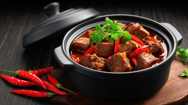 A delicious beef stew is presented in a black ceramic pot with red chili peppers and parsley garnish on a wooden board, appetizing and ready to be served.