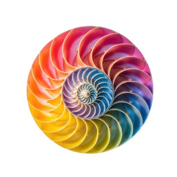 Rainbow nautilus shell with colorful spiraling chambers arranged in geometric circular pattern on transparent background.