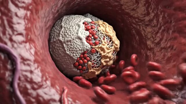 A detailed 3D rendering of an atherosclerotic plaque obstructing a blood vessel, with red blood cells flowing past.