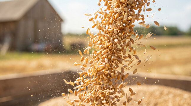 Farmer winnowing grain with a basket in a sunny field  