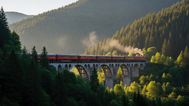 A red train travels across a stone bridge in a forested mountain landscape