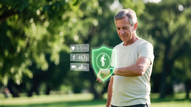 Senior man uses smartwatch with augmented reality interface to monitor health metrics, including heart rate and activity duration. Represents digital wellness, active aging, and health tech.