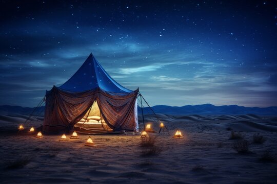 Vibrant tent illuminated at night in a serene desert landscape, surrounded by glowing lanterns and a starry sky, creating a tranquil and enchanting atmosphere