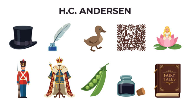 Collection of Iconic Symbols Representing HC Andersens Fairy Tales.