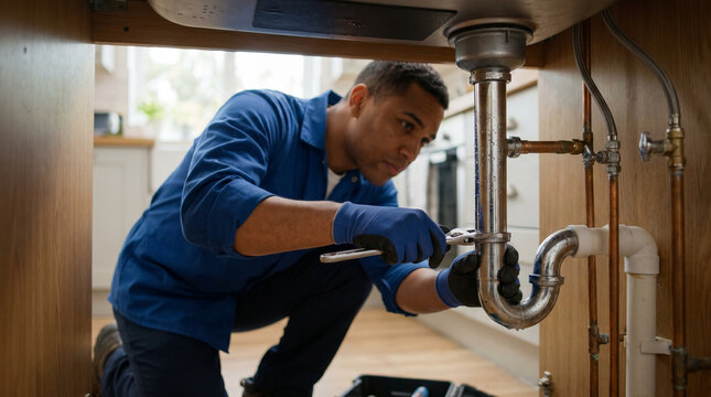 Close-up of hands fixing a leak under a bathroom sink  