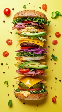 Stacked gourmet burger with layers of fresh ingredients including lettuce, tomatoes, cheese, and meats, presented against a vibrant yellow background showcasing culinary creativity