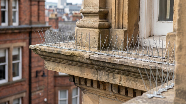 Bird spikes on building ledge to deter birds in urban environment  