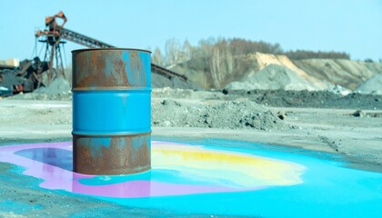 Obraz premium Rusty Barrel Leaking Colorful Chemicals in Industrial Wasteland.