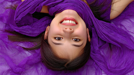 Happy Hispanic woman lying of violet silk sheets