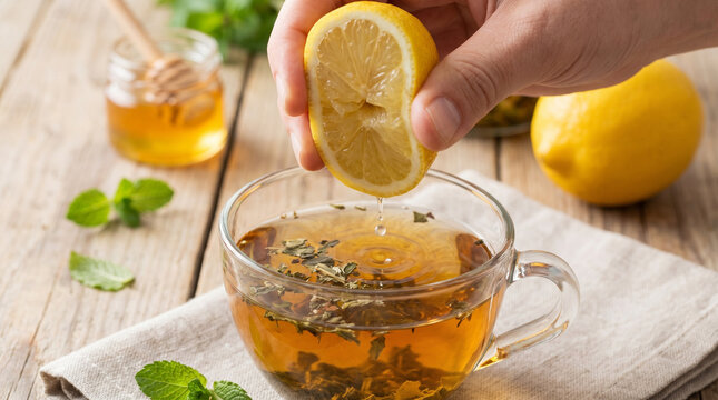 Person squeezing lemon into tea with honey and mint on wooden table  
