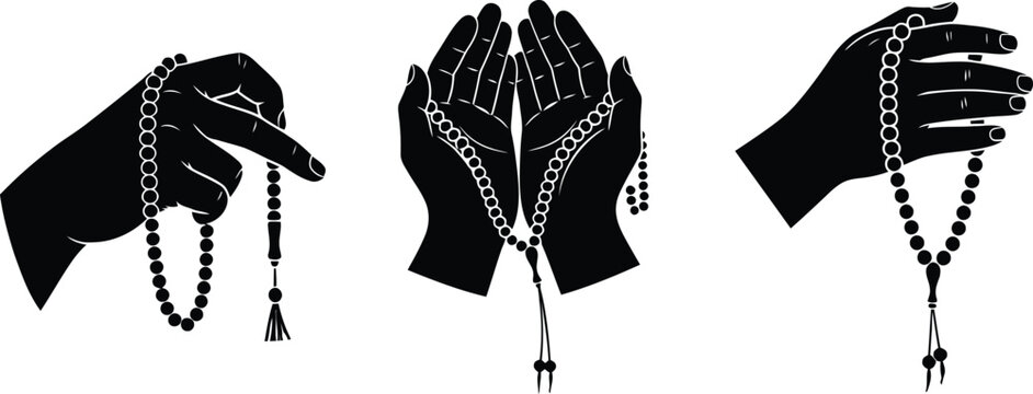 Praying hands silhouette with rosary beads isolated on transparent background