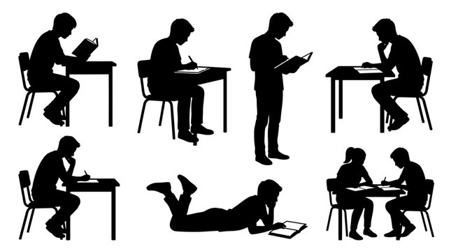 silhouette of students studying and reading in various positions