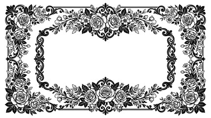 Obraz premium Ornate Floral Border Frame with Roses and Leaves - Black and White Vintage Design