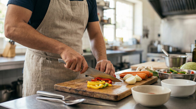 Man cooking using a mandoline to slice vegetables in modern kitchen  