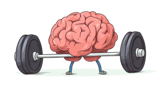 Cartoon illustration of a brain lifting a heavy barbell, showcasing strength and fitness, symbolizing mental power and physical training in a humorous and engaging manner