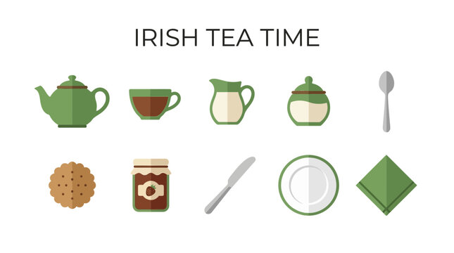 Irish Tea Time Flat Design Icons Set.
