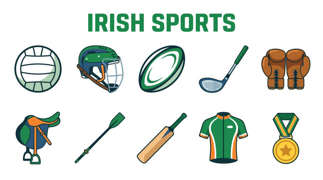 Collection of Irish Sports Equipment and Symbols.
