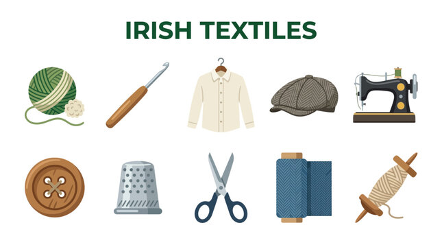 Collection of Irish Textile Craft and Sewing Icons.