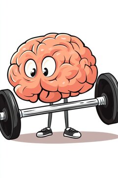 Cartoon illustration of a brain character lifting a barbell, showcasing strength and fitness, with a playful expression and sneakers, symbolizing mental and physical health