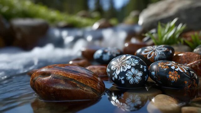 8Macro shot of smooth rounded stones with unique organic patterns formed by minerals and erosion, scattered beside a clear mountain stream on a sunny day, shimmering reflections on