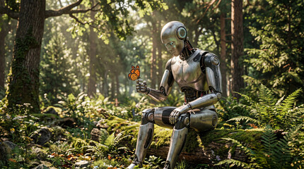 Fototapeta premium Humanoid Robot Nature Forest Butterfly Peaceful Coexistence 