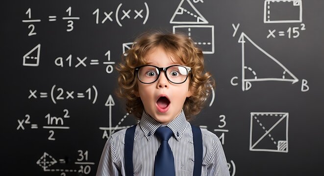 A young student overwhelmed by complex mathematical equations and geometric concepts on a chalkboard
