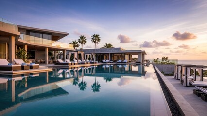 Fototapeta premium A luxurious modern villa with a large swimming pool at sunset
