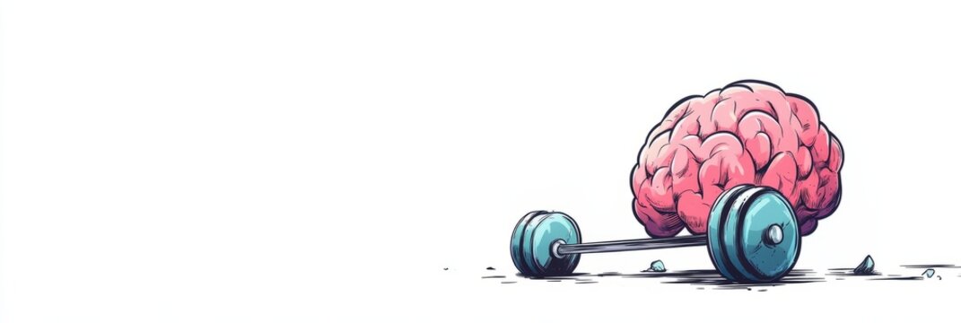 Colorful illustration of a brain lifting a barbell, symbolizing mental strength and fitness, showcasing the connection between physical and mental health in a creative way