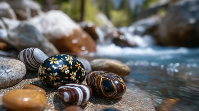 19Close-up view of several oval-shaped stones with beautiful natural banding and mosaic-like textures, resting on the sandy edge of a bright mountain river, sunlight illuminating the
