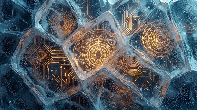Abstract futuristic background of glowing geometric ptterns inside a crystallin ice texture. 3D render ofa surreal tech concept wit digital circuits frozen i ice. high detail