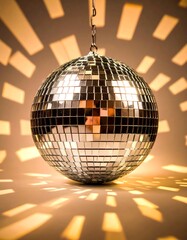 Reflective disco ball casts bright patterned light on wall