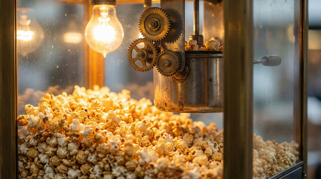 Popcorn machine filled with freshly popped popcorn and bright lights  