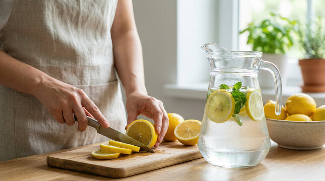 Person squeezing lemon into their glass of water while preparing lemonade  