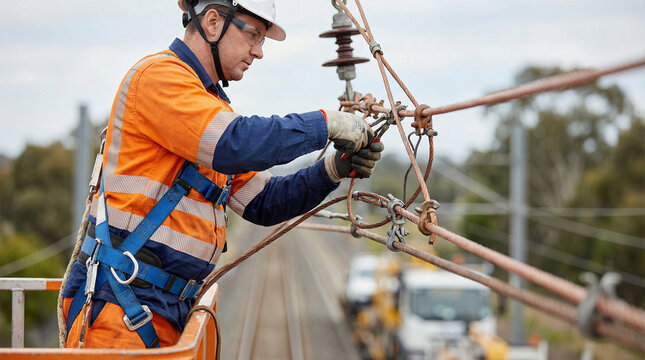 Male technician repairing overhead catenary wire on railway line  