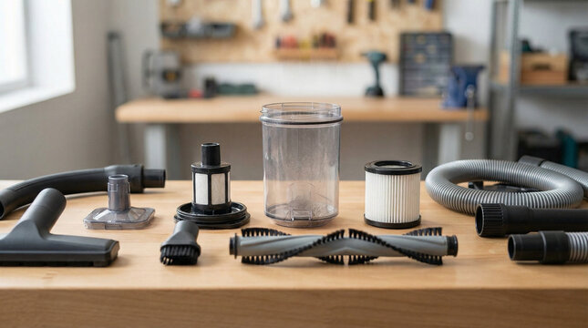Vacuum cleaner disassembled for cleaning on workbench background  