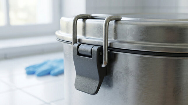 Waste container with locked lid in modern kitchen environment  