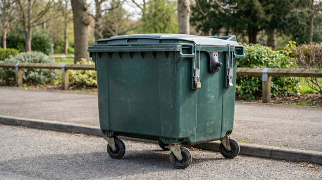 Waste container with locked lid on wheels in urban park setting  