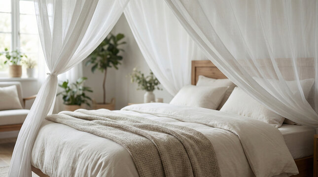 Mosquito net over bed in cozy bedroom with neutral color scheme  
