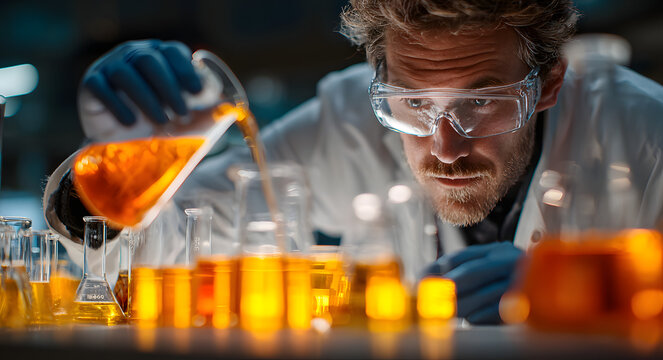 Scientist conducting chemical experiment with orange liquid in flask