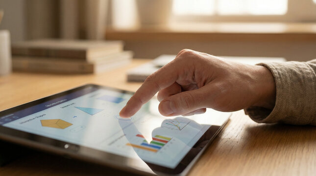 Person interacting with tablet displaying data charts on wooden table  