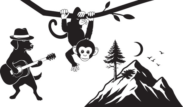 Black silhouette vector illustration of a cartoon knight and mankey with swords and dog in a military war design