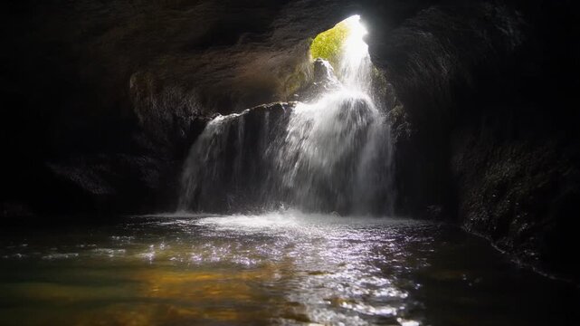 Majestic waterfall flowing inside a dark cavern with natural sunlight streaming from above in this beautiful high definition nature motion video footage clip