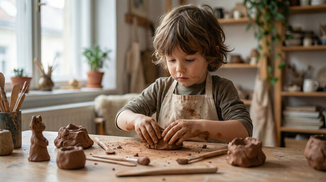 Child making shapes with warm clay in a cozy indoor workshop  