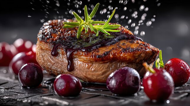 Delicious Glazed Pork Chop with Cranberries on a Charcoal Grill