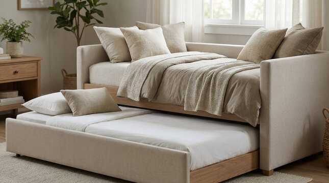Daybed with trundle drawer in modern interior with neutral colors  