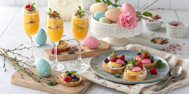 Mimosa glasses and colorful treats arranged for a festive Easter brunch celebration