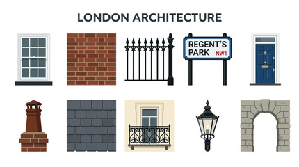 Collection of London Architecture Elements and Building Facade Details. © zyaa