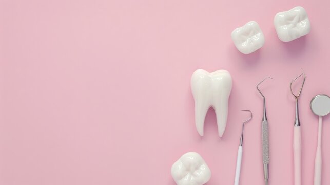 Dental tools and realistic tooth models arranged on a soft pink background, showcasing dental care essentials and promoting oral hygiene awareness for health professionals and patients alike