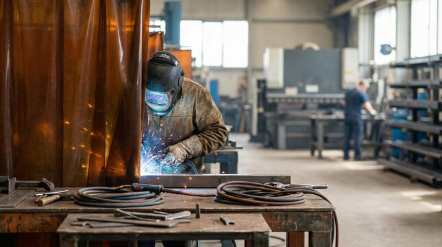 Industrial welding curtain with worker welding in metal workshop  
